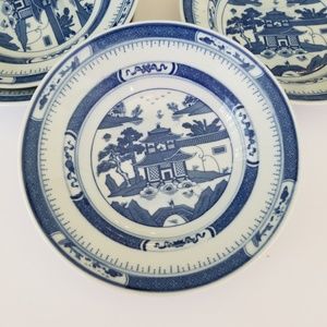 Vintage Blue Pagoda Scene Rim Soup Bowl Set of 4
